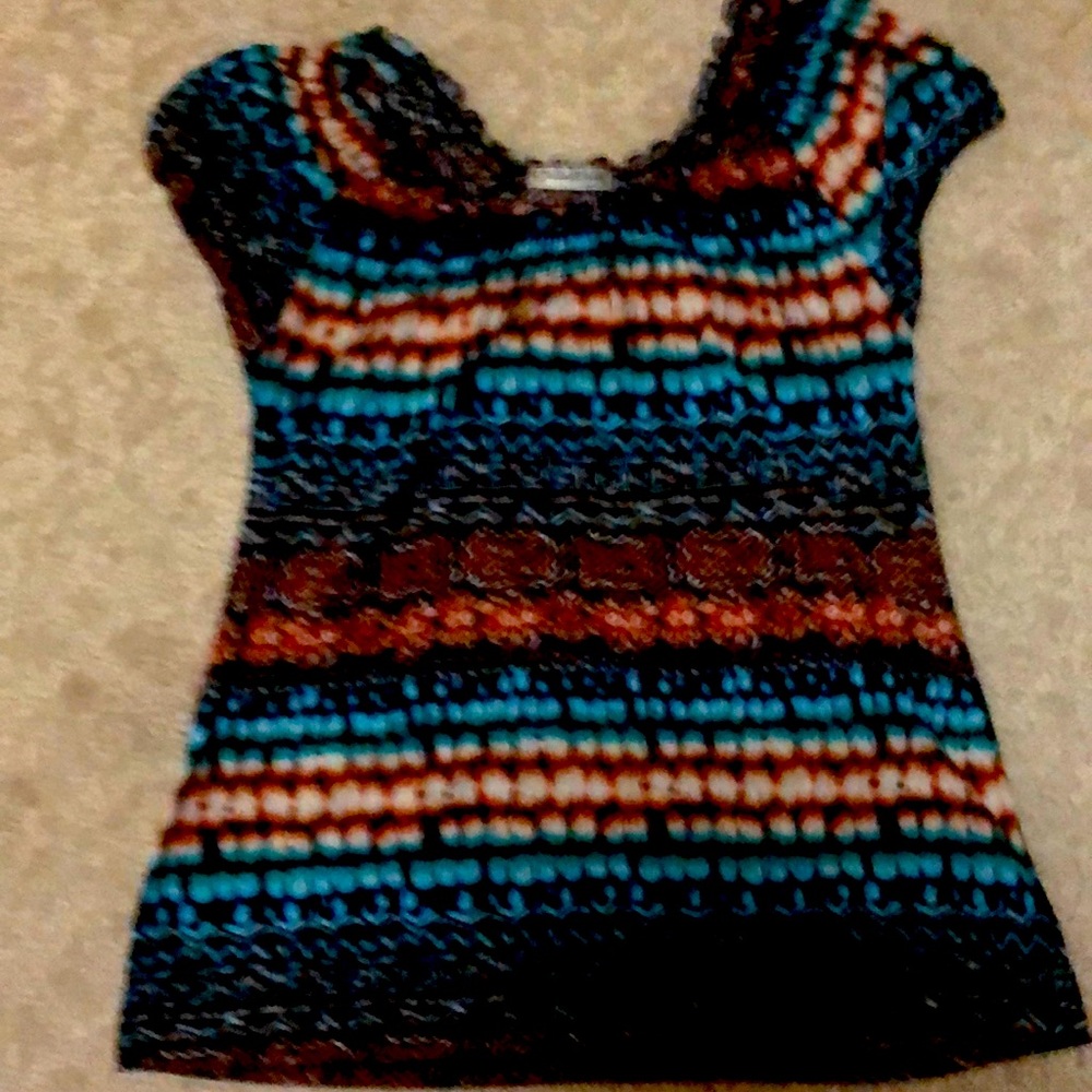 Claudia Richard blouse, multi color, elastic gathers at neck and sleeves.